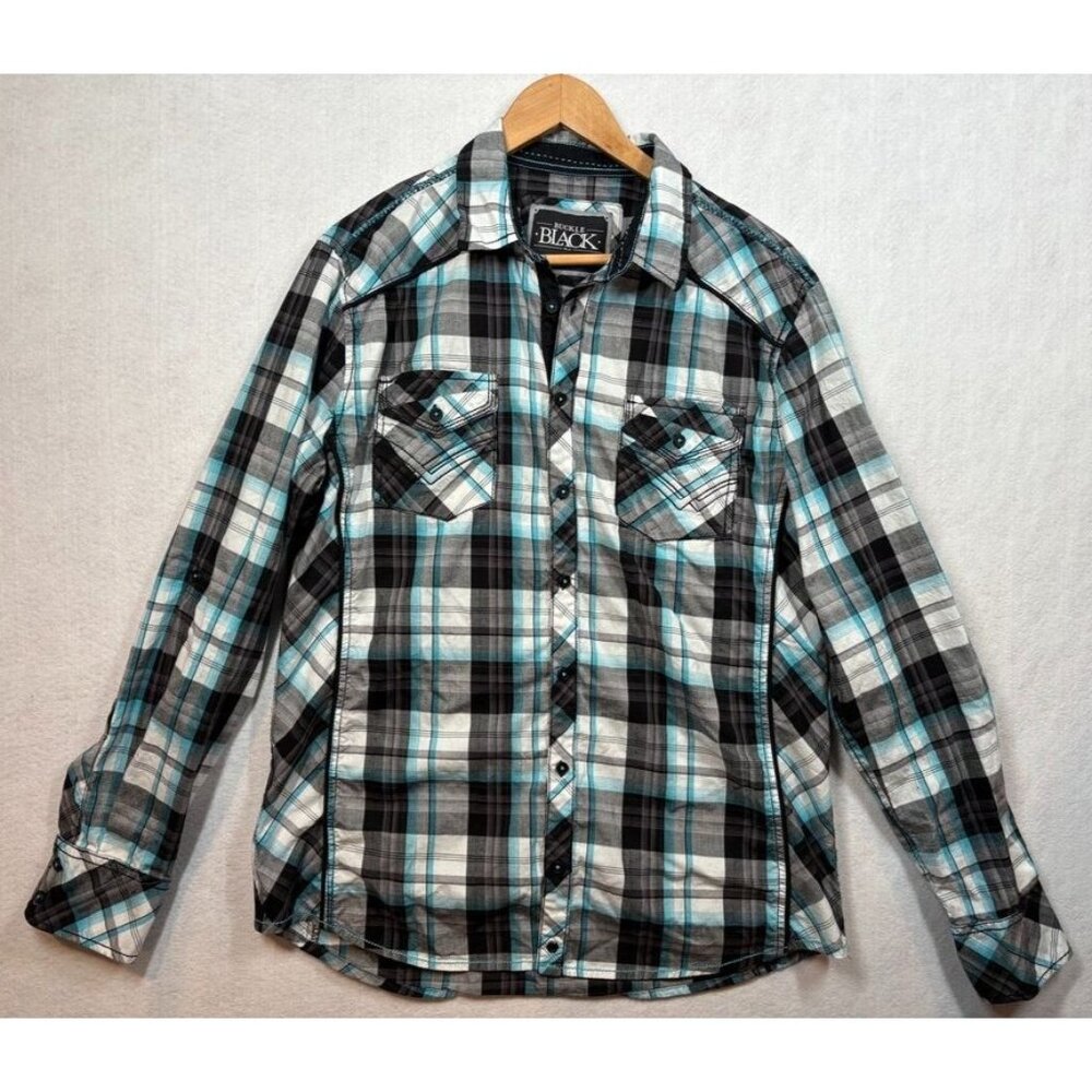 Buckle Black Mens Long Sleeve Shirt Plaid Athletic Fit Button Front Size Large L